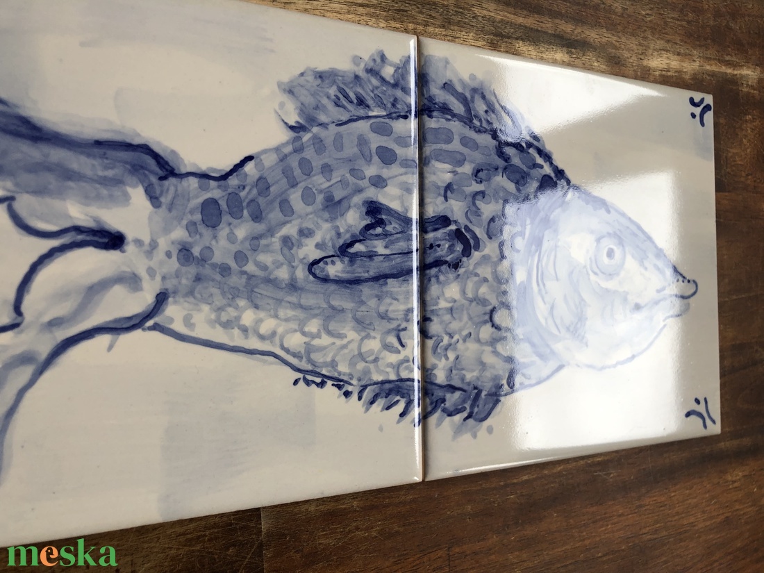 Kézzel festett mázazott portugál csempekép hal, 2 db-os kompozíció - otthon & életmód - dekoráció - fali és függő dekoráció - csempe - Meska.hu