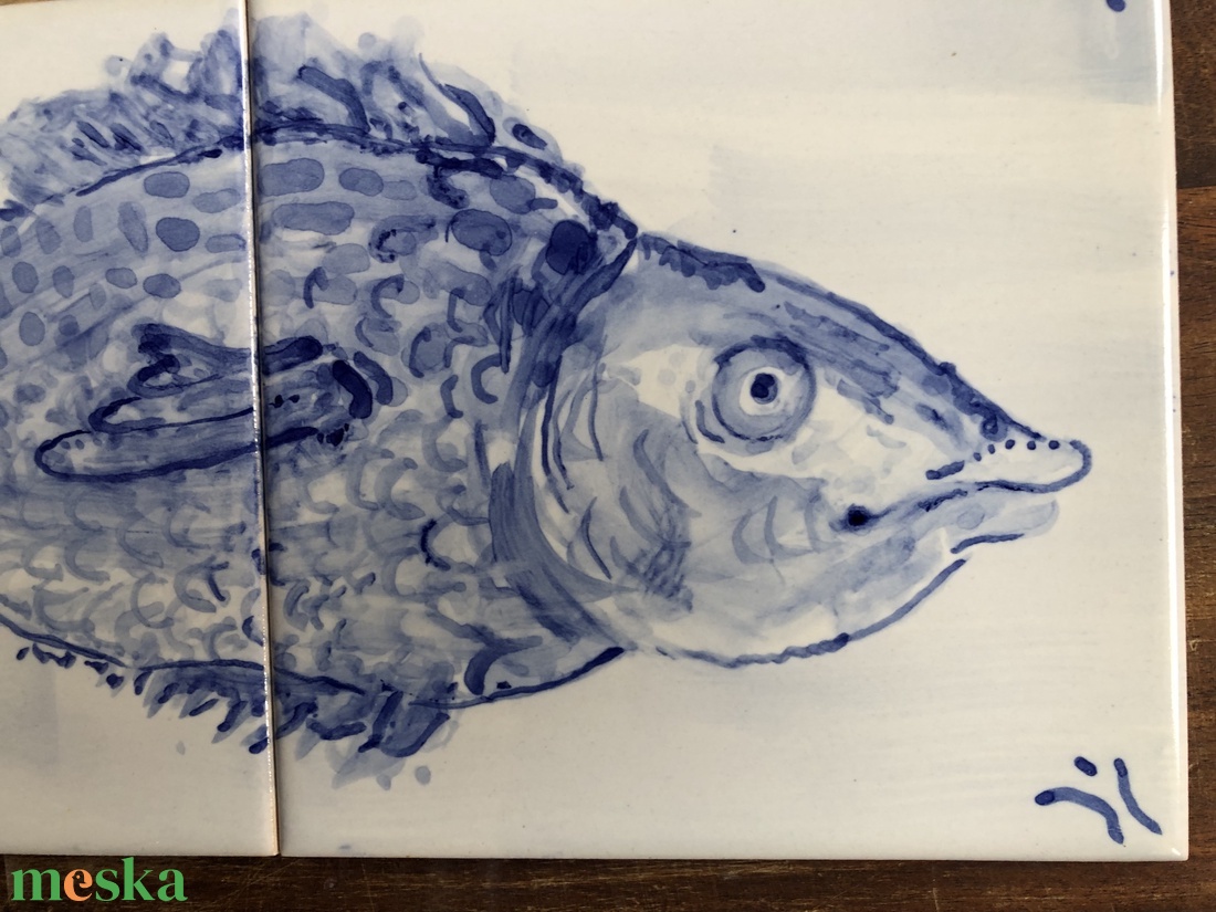 Kézzel festett mázazott portugál csempekép hal, 2 db-os kompozíció - otthon & életmód - dekoráció - fali és függő dekoráció - csempe - Meska.hu