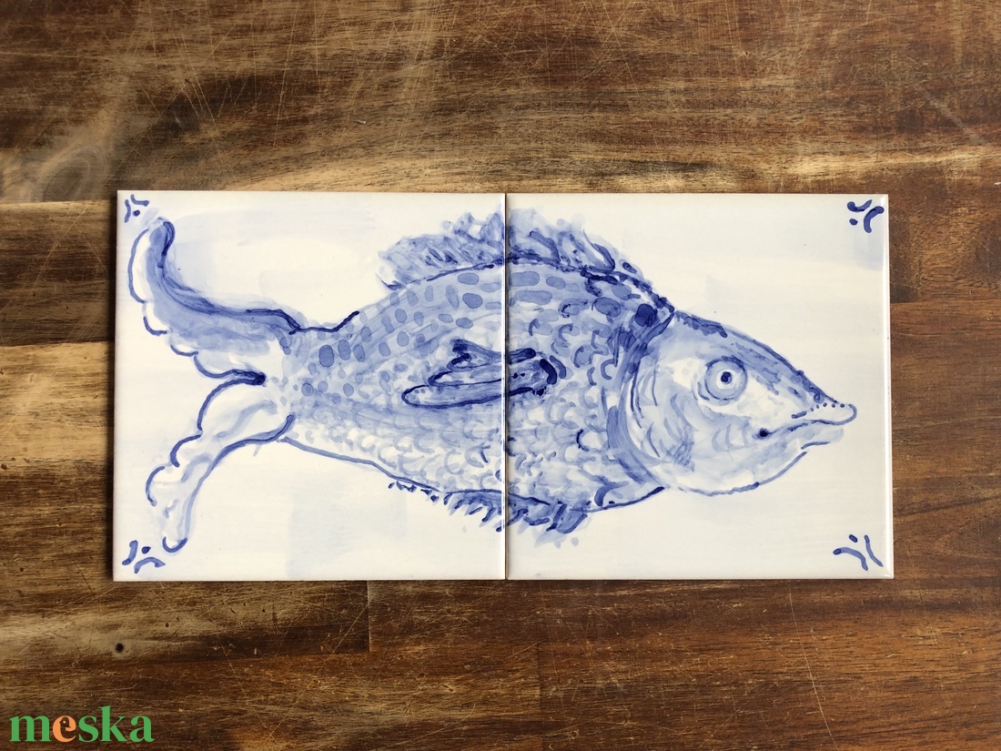 Kézzel festett mázazott portugál csempekép hal, 2 db-os kompozíció - otthon & életmód - dekoráció - fali és függő dekoráció - csempe - Meska.hu
