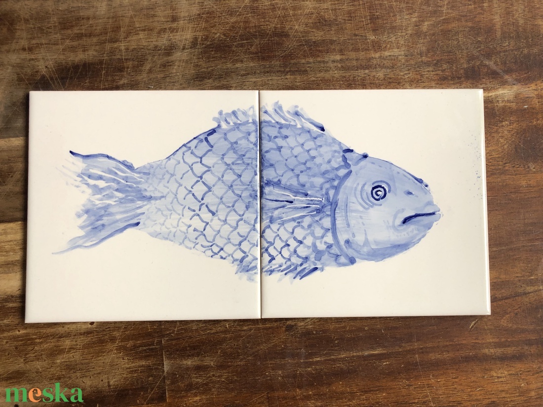 Kézzel festett mázazott portugál csempekép hal, 2 db-os kompozíció - otthon & életmód - dekoráció - fali és függő dekoráció - csempe - Meska.hu