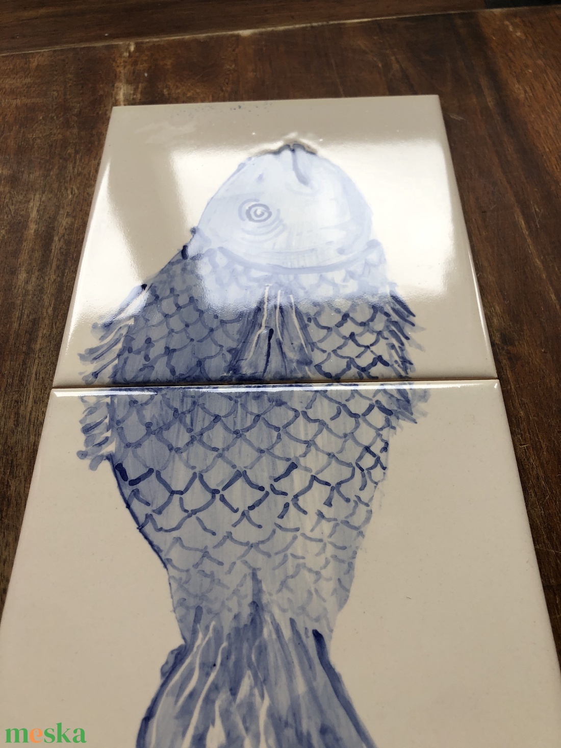 Kézzel festett mázazott portugál csempekép hal, 2 db-os kompozíció - otthon & életmód - dekoráció - fali és függő dekoráció - csempe - Meska.hu