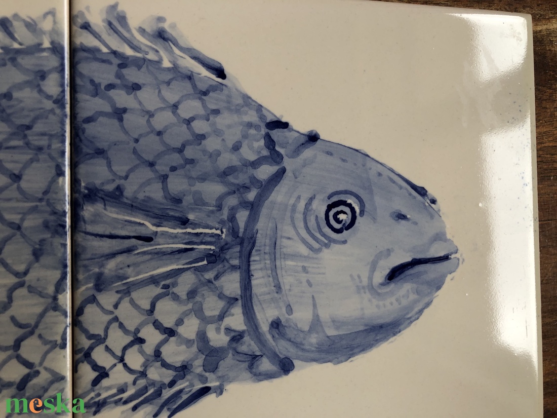 Kézzel festett mázazott portugál csempekép hal, 2 db-os kompozíció - otthon & életmód - dekoráció - fali és függő dekoráció - csempe - Meska.hu
