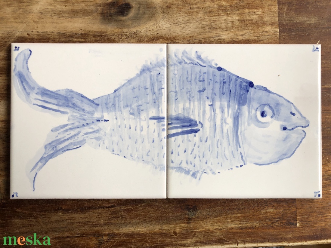 Kézzel festett mázazott portugál csempekép hal, 2 db-os kompozíció - otthon & életmód - dekoráció - fali és függő dekoráció - csempe - Meska.hu