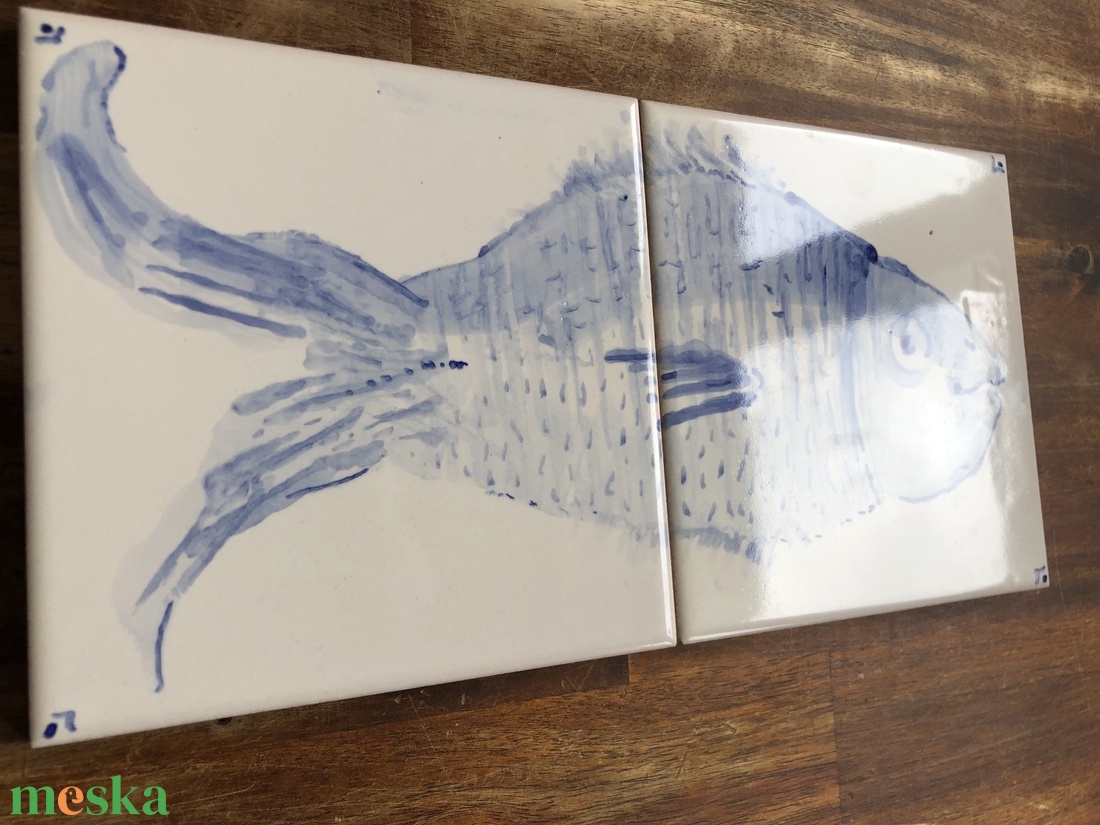 Kézzel festett mázazott portugál csempekép hal, 2 db-os kompozíció - otthon & életmód - dekoráció - fali és függő dekoráció - csempe - Meska.hu