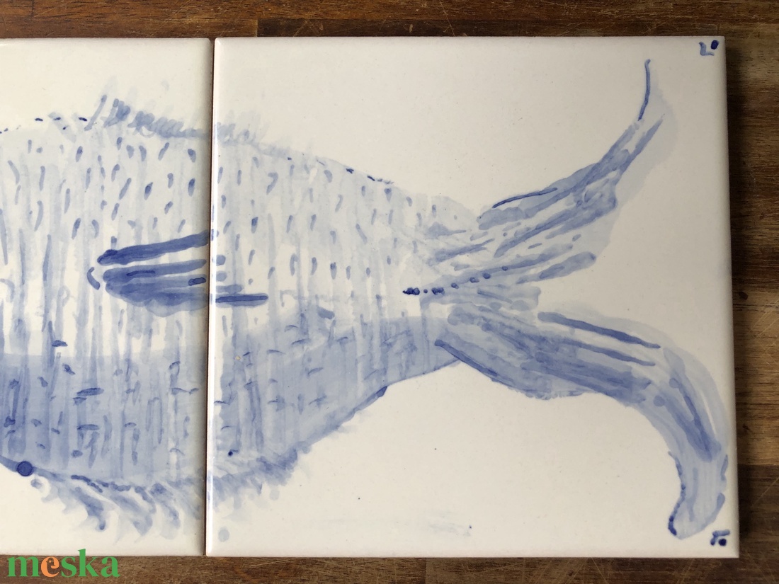 Kézzel festett mázazott portugál csempekép hal, 2 db-os kompozíció - otthon & életmód - dekoráció - fali és függő dekoráció - csempe - Meska.hu