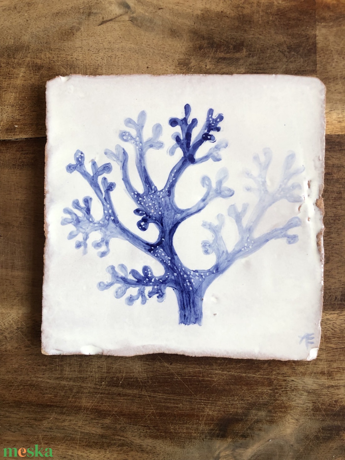 Kézzel festett mázazott portugál csempekép Korall,  - otthon & életmód - dekoráció - fali és függő dekoráció - csempe - Meska.hu