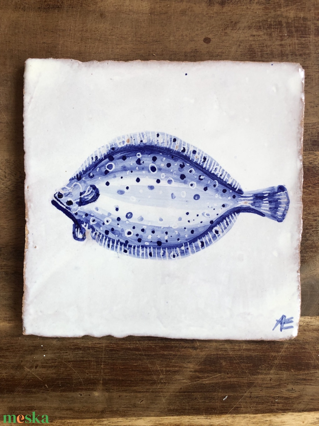 Kézzel festett mázazott portugál csempekép Lepényhal,  - otthon & életmód - dekoráció - fali és függő dekoráció - csempe - Meska.hu