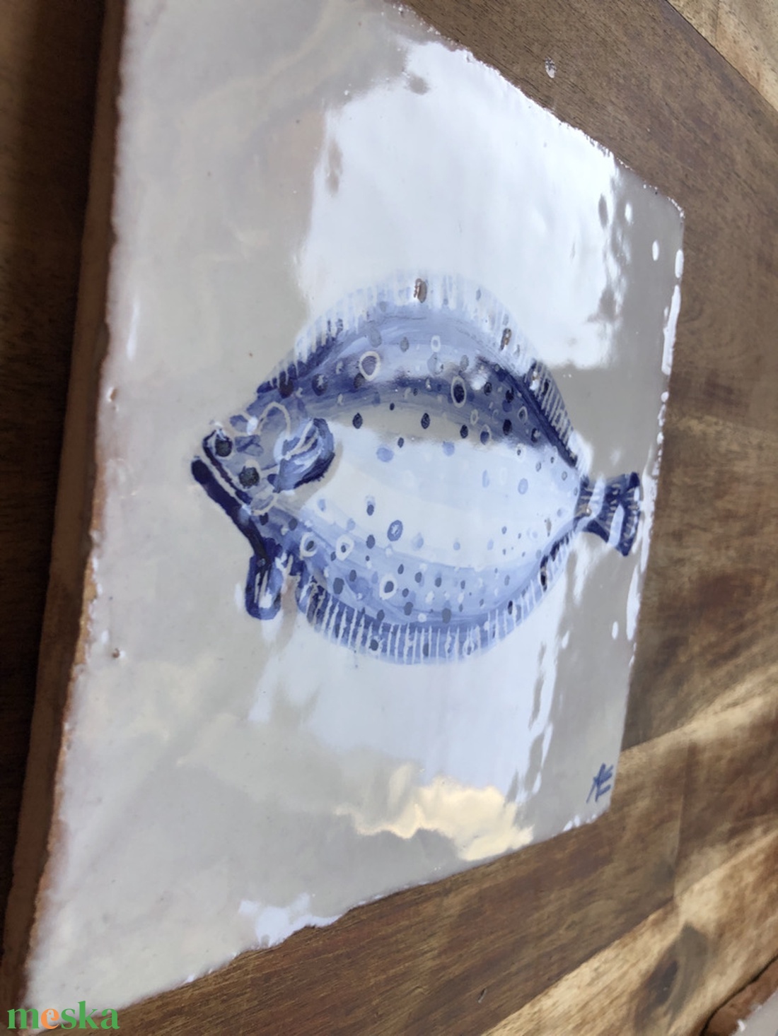 Kézzel festett mázazott portugál csempekép Lepényhal,  - otthon & életmód - dekoráció - fali és függő dekoráció - csempe - Meska.hu