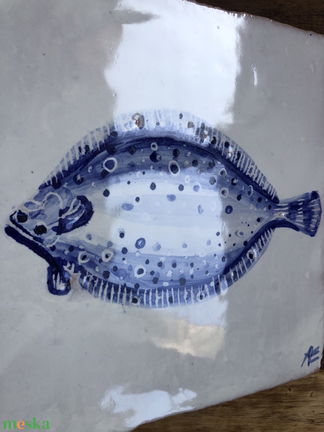 Kézzel festett mázazott portugál csempekép Lepényhal,  - otthon & életmód - dekoráció - fali és függő dekoráció - csempe - Meska.hu