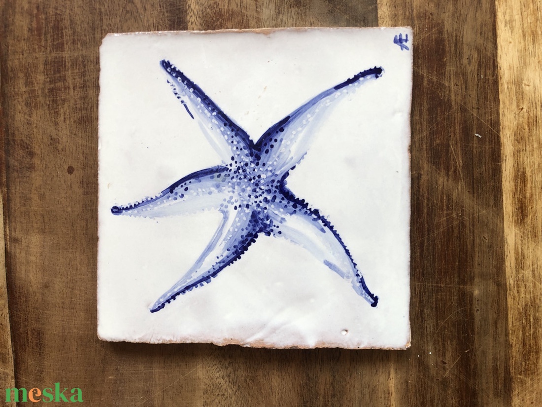 Kézzel festett mázazott portugál csempekép Tengeri csillag,  - otthon & életmód - dekoráció - fali és függő dekoráció - csempe - Meska.hu