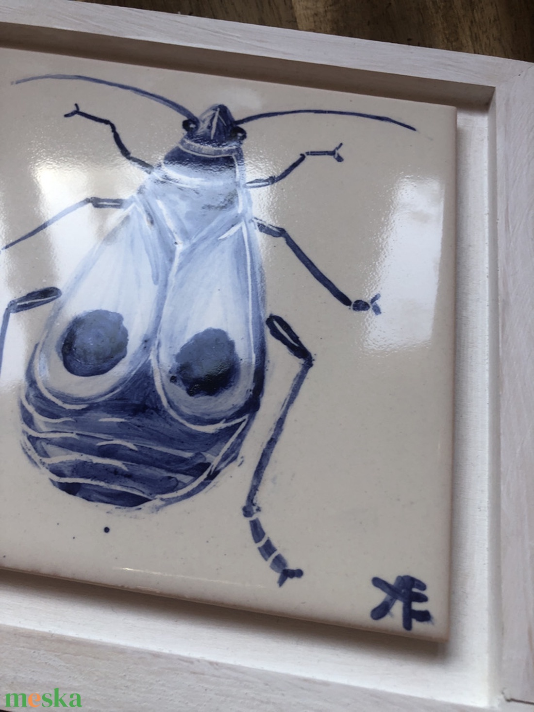 Kézzel festett mázazott portugál csempekép Bodobács, keretben - otthon & életmód - dekoráció - fali és függő dekoráció - csempe - Meska.hu