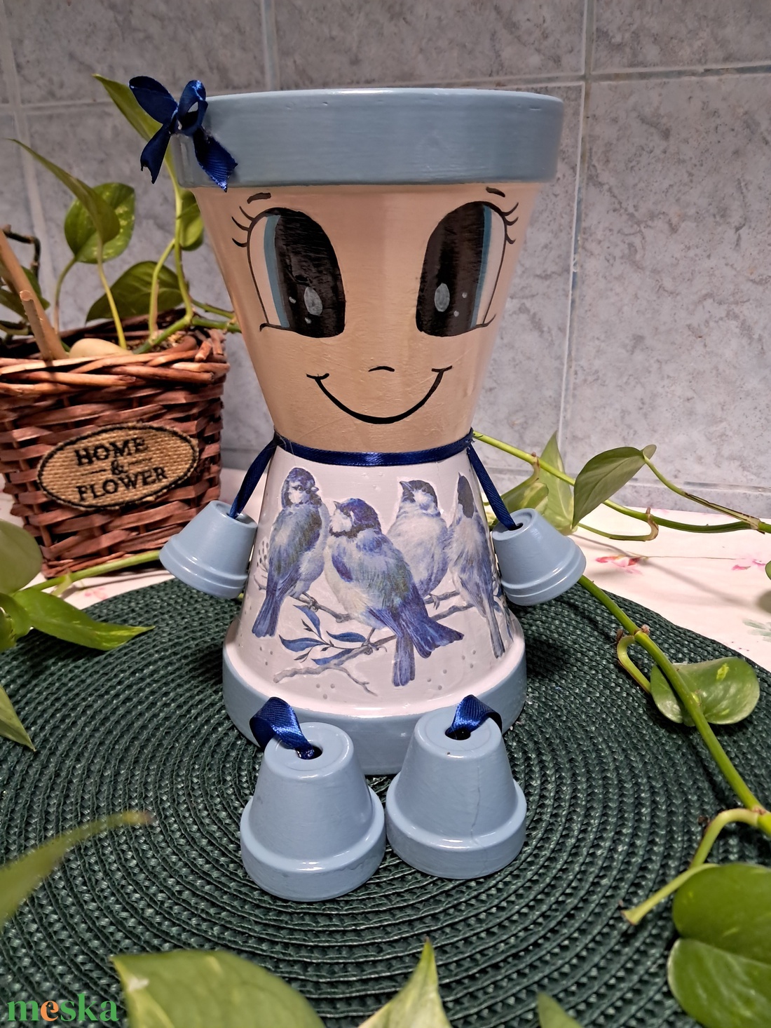 Téli madárkás cserépbaba  - otthon & életmód - ház & kert - cserépbaba - Meska.hu