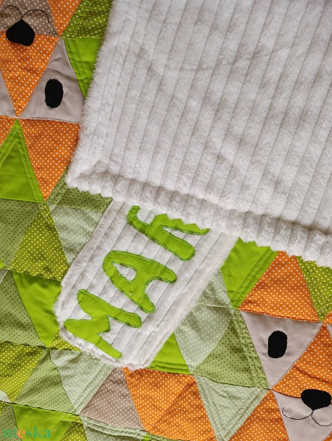 Rókás   Patchwork babatakaró névvel és kis párnával, hátán egyedi személyre szabott ajándékról szóló címkével - baba - mama - baba ágynemű - babatakaró, gyerek pléd - Meska.hu