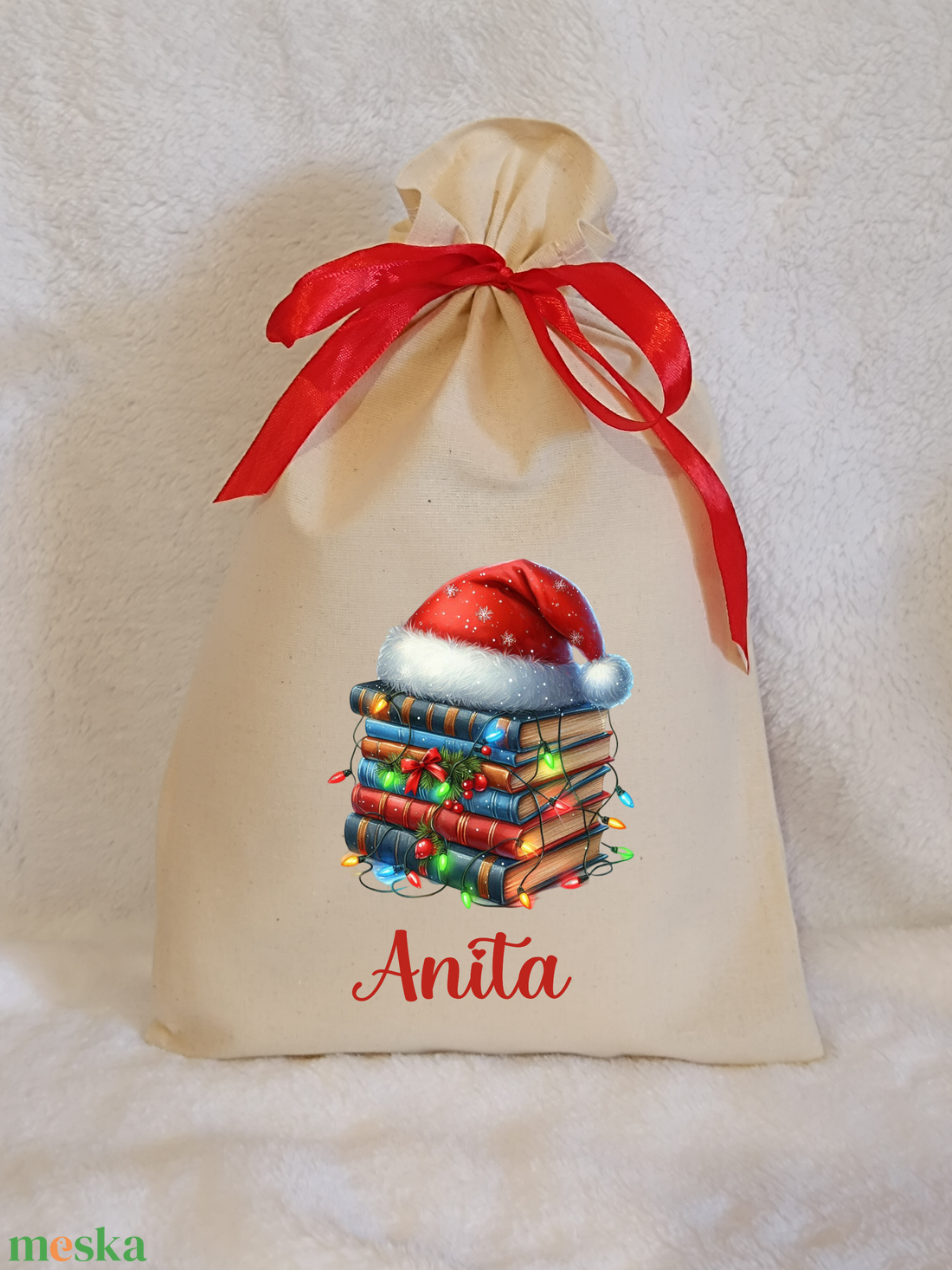 Névre szóló egyedi mintás mikulászsák natúr színben - karácsony - mikulás - mikulás zsák - Meska.hu