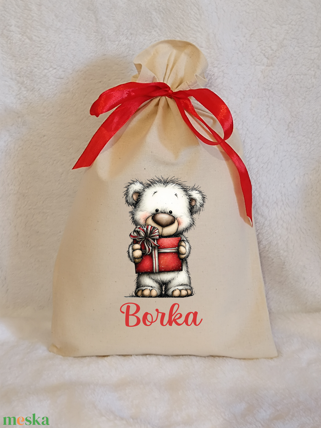 Névre szóló egyedi mintás mikulászsák natúr színben - karácsony - mikulás - mikulás zsák - Meska.hu