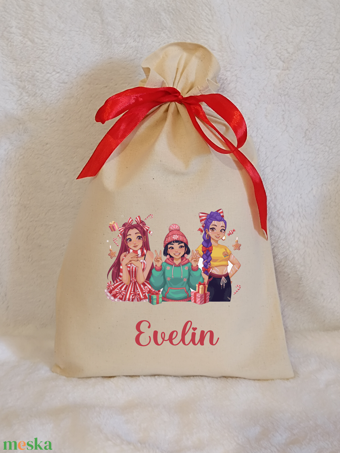 Névre szóló Huntrix mintás mikulászsák natúr színben - karácsony - mikulás - mikulás zsák - Meska.hu