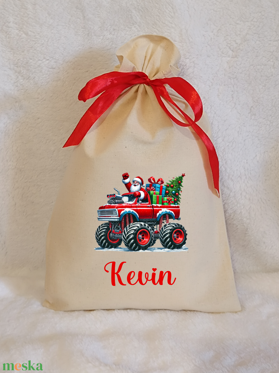 Névre szóló egyedi mintás mikulászsák natúr színben - karácsony - mikulás - mikulás zsák - Meska.hu