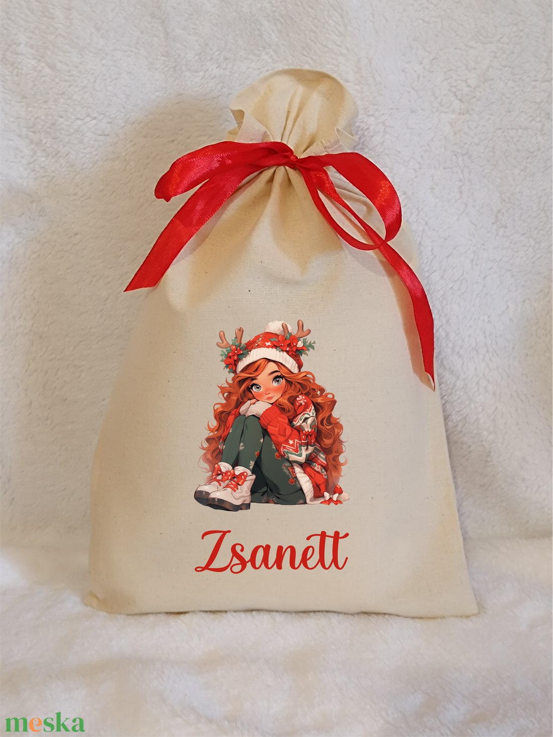 Névre szóló egyedi mintás mikulászsák natúr színben - karácsony - mikulás - mikulás zsák - Meska.hu