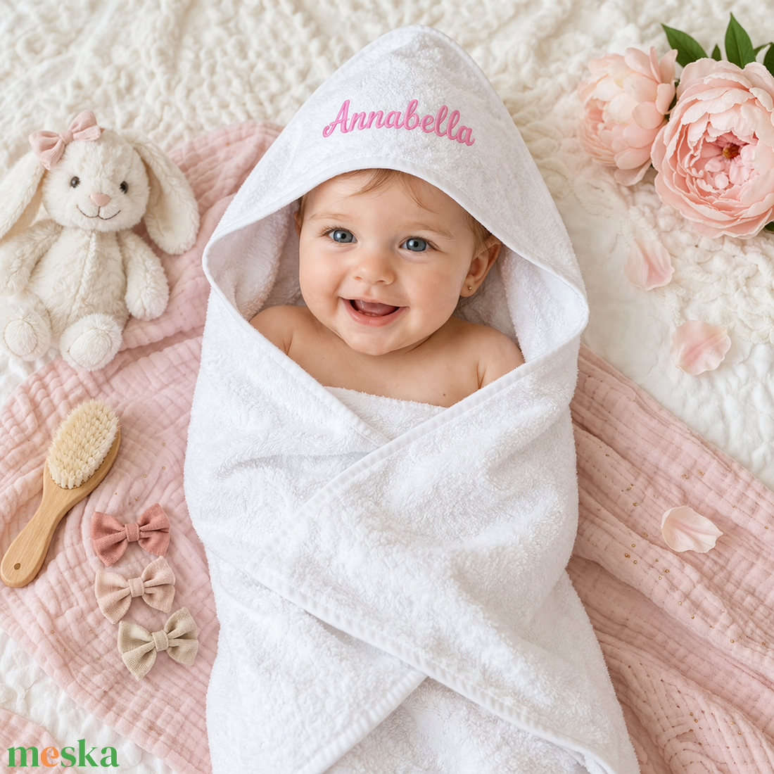 Névvel hímzett kapucnis babatörölköző - baba - mama - pelenkázó, babafürdető kellékek - baba törölköző - Meska.hu