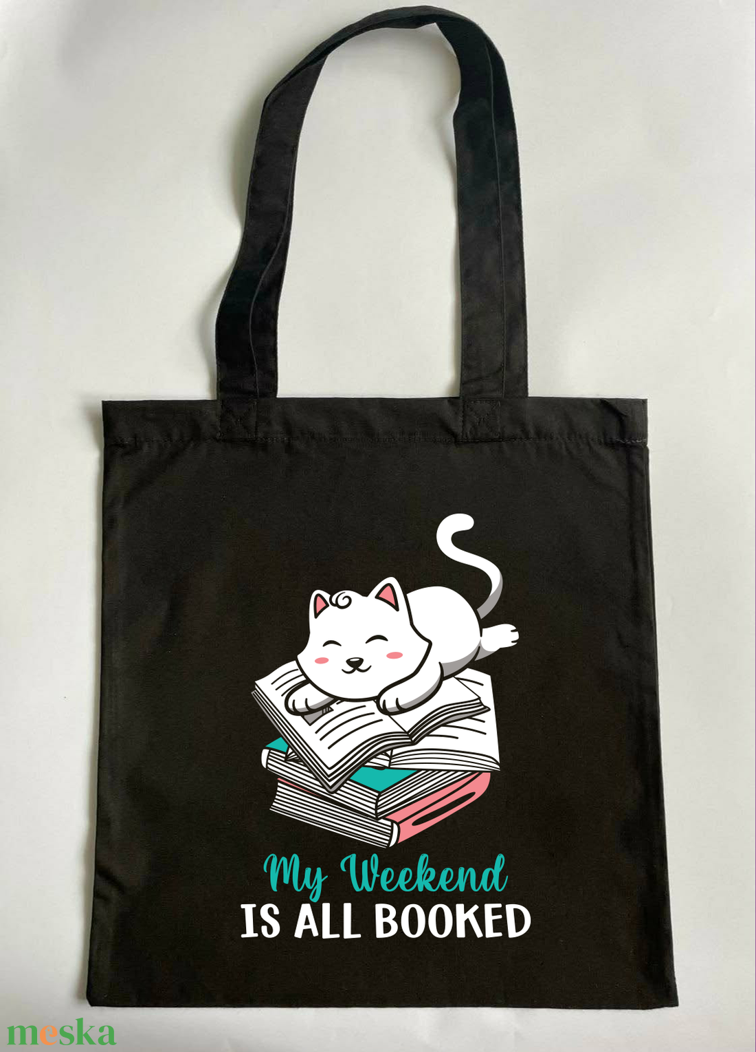 Vászontáska, textiltáska cicás könyves  - táska & tok - bevásárlás & shopper táska - shopper, textiltáska, szatyor - Meska.hu
