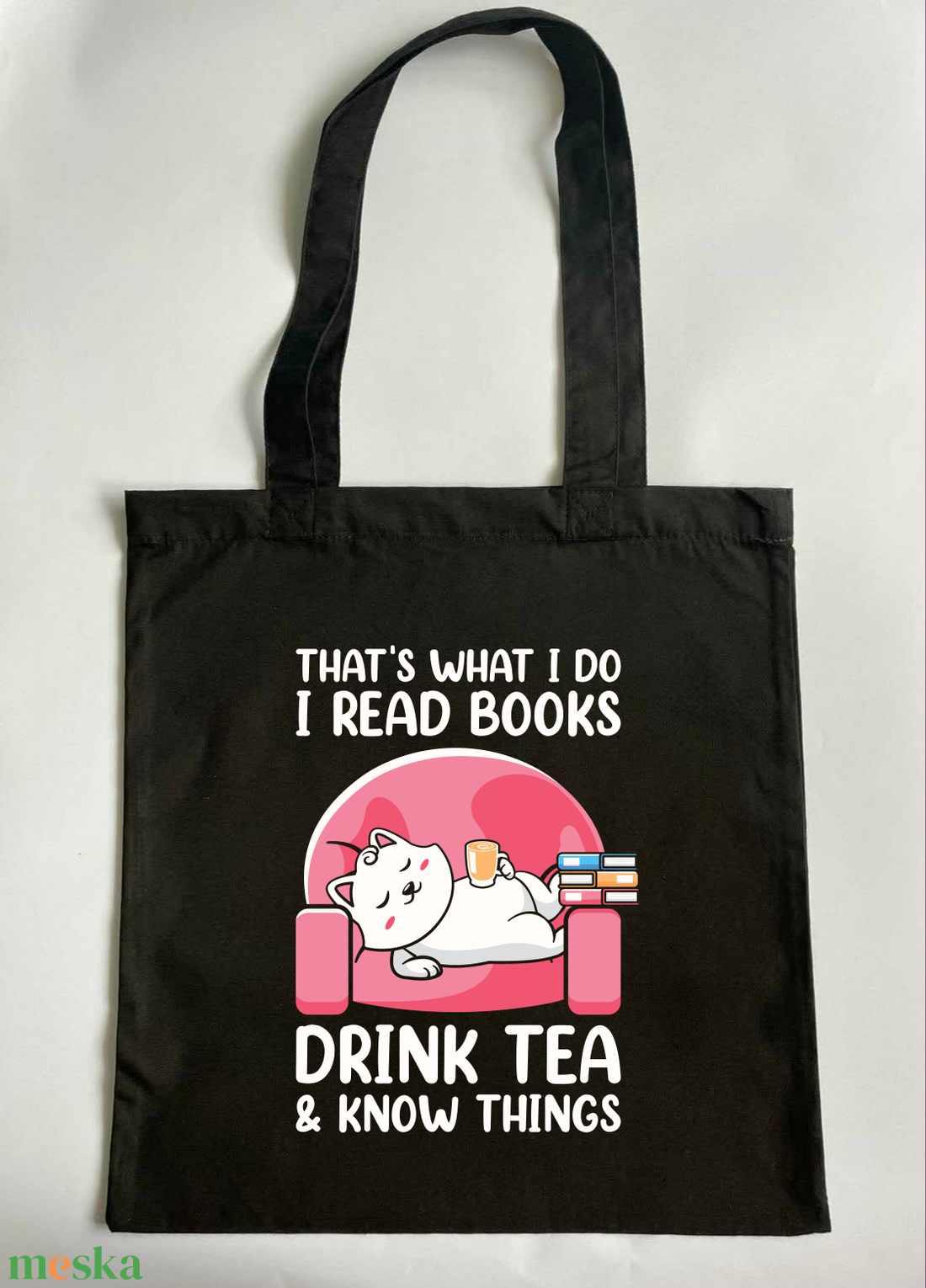 Vászontáska, textiltáska cicás könyves  - táska & tok - bevásárlás & shopper táska - shopper, textiltáska, szatyor - Meska.hu