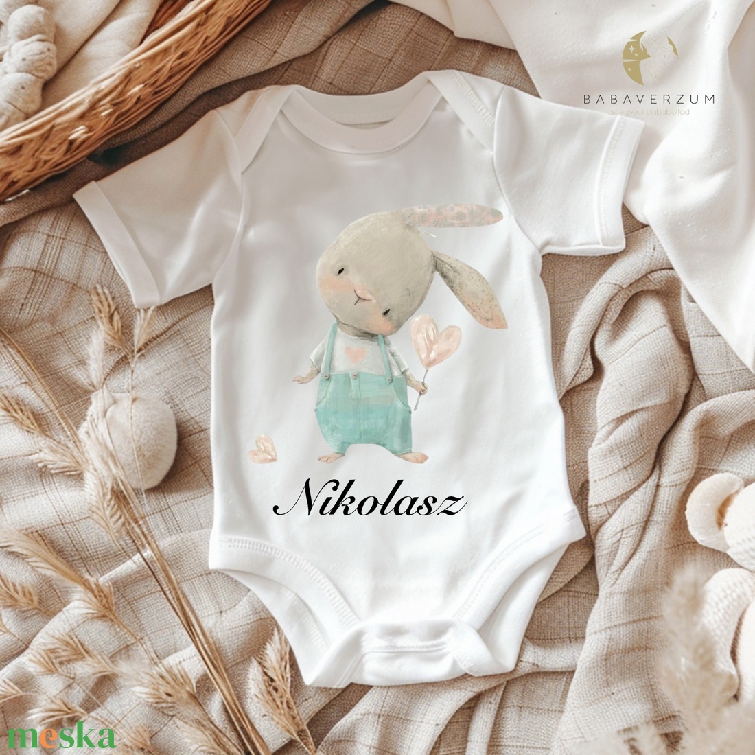 Kék nyuszi mintás body, egyedi névvel, rövid-hosszú ujjú - ruha & divat - gyerekruha - Meska.hu