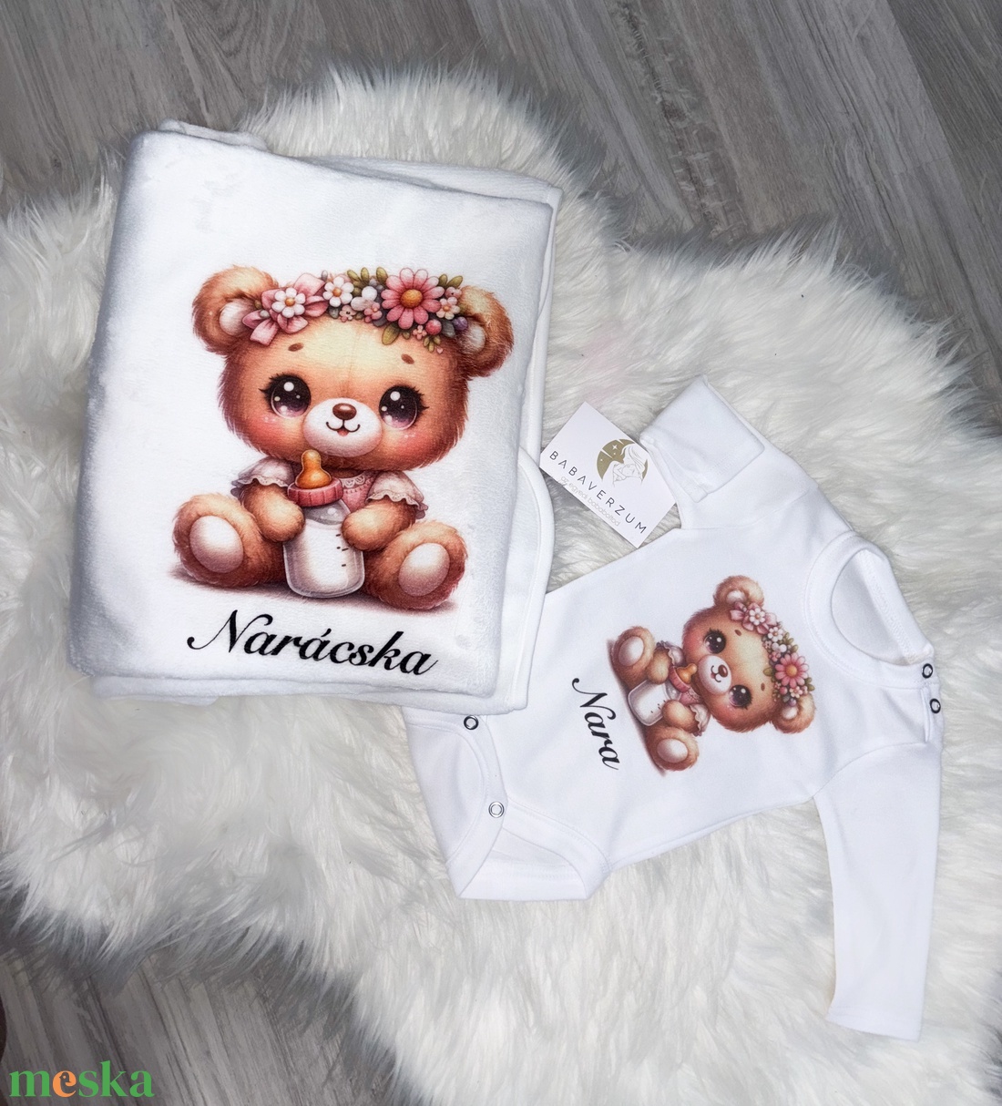 Névre szóló body, takaró szett virágos maci mintával!  - játék & sport - Meska.hu