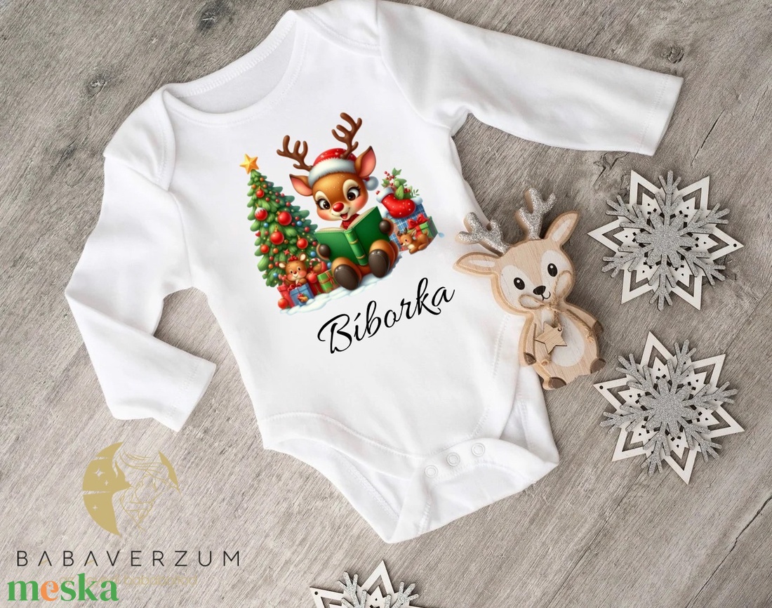 Karácsonyos, névre szóló body, őzike mintával - ruha & divat - gyerekruha - Meska.hu