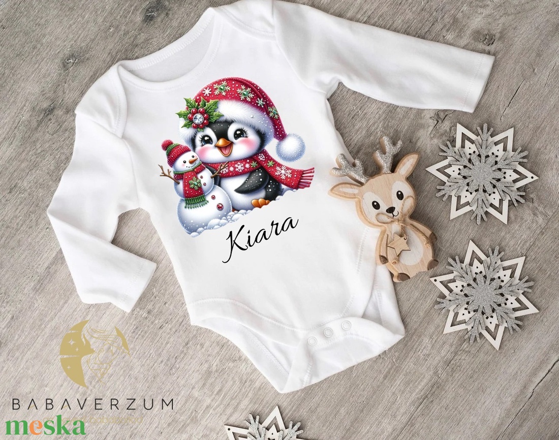 Karácsonyos, névre szóló body, pingvines mintával - ruha & divat - gyerekruha - Meska.hu