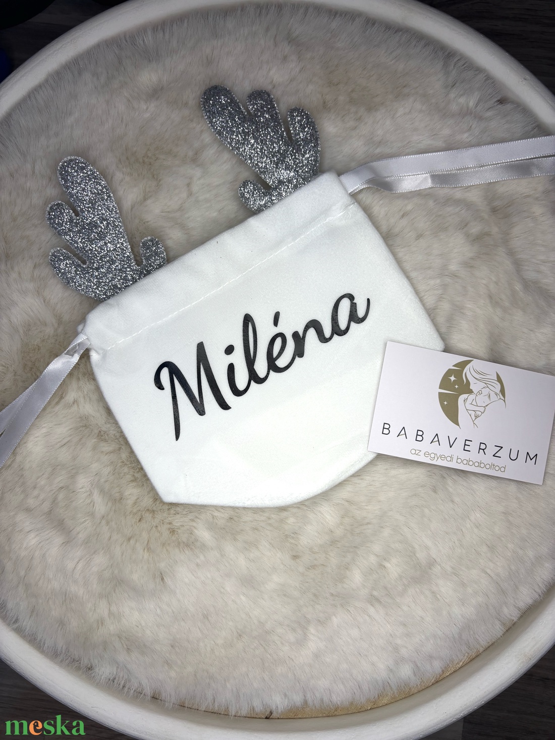 Névre szóló, kis méretű Mikulás zsák, csillogós agancsal - karácsony - mikulás - mikulás zsák - Meska.hu