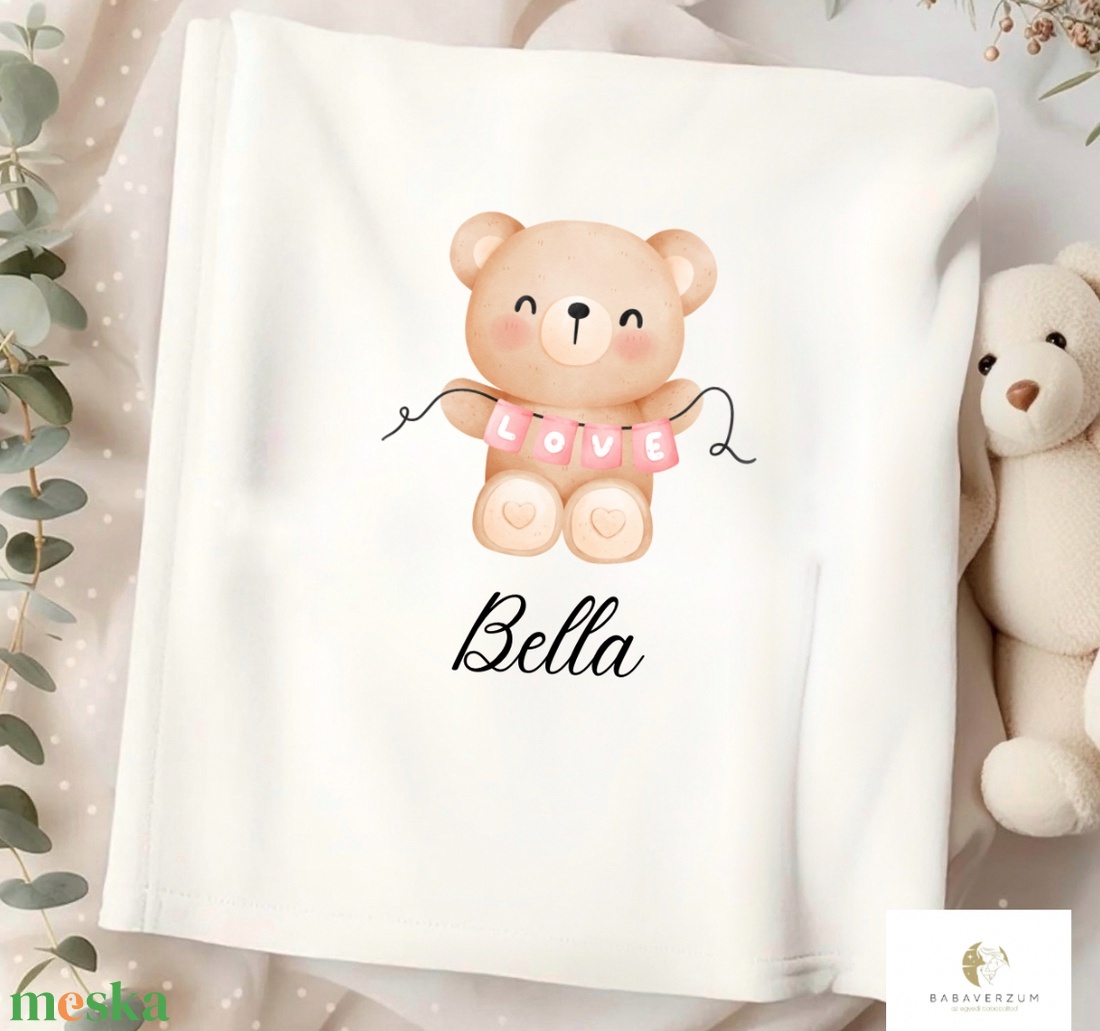 Névre szóló takaró babáknak, szívecskés, mackó mintával - otthon & életmód - babaszoba, gyerekszoba - babatakaró, gyerek pléd - Meska.hu