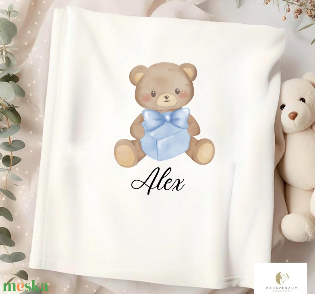 Névre szóló takaró babáknak, kék, mackó mintás mintával - otthon & életmód - babaszoba, gyerekszoba - babatakaró, gyerek pléd - Meska.hu