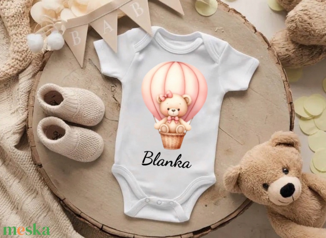 Névre szóló body, rózsaszín maci  mintával, rövid/ hosszú ujjú - otthon & életmód - babaszoba, gyerekszoba - babatakaró, gyerek pléd - Meska.hu