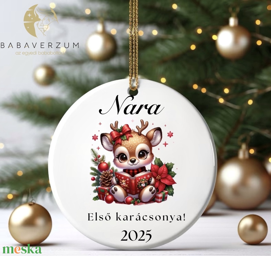 Névre szóló, első karácsonyos dísz, szarvas mintával - karácsony - karácsonyi lakásdekoráció - karácsonyfadíszek - Meska.hu