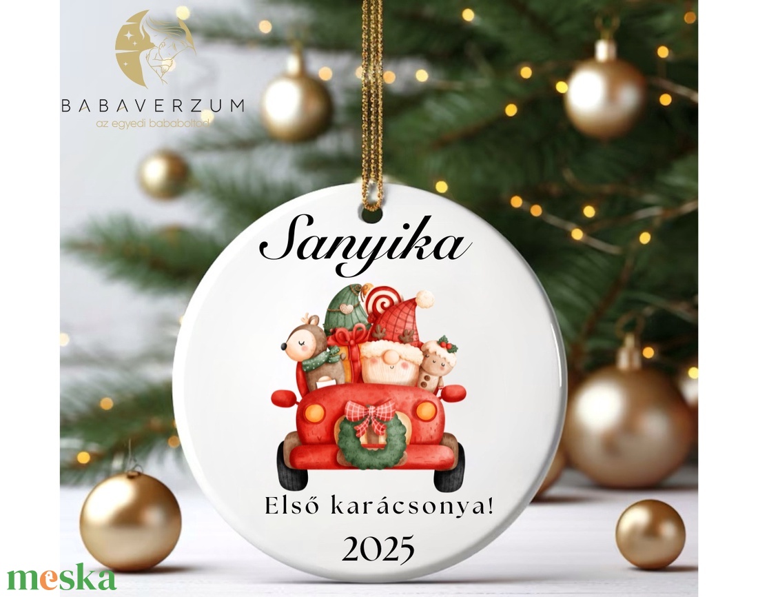 Névre szóló, első karácsonyos dísz, autós mintával - karácsony - karácsonyi lakásdekoráció - karácsonyfadíszek - Meska.hu