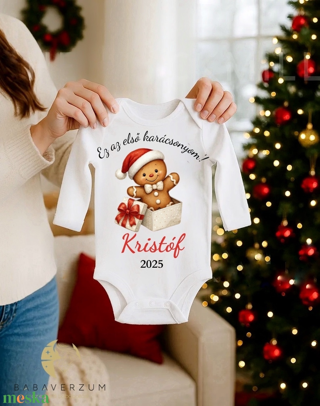 Névre szóló, első karácsonyos body, mézeskalács mintával - ruha & divat - babaruha & gyerekruha - body - Meska.hu