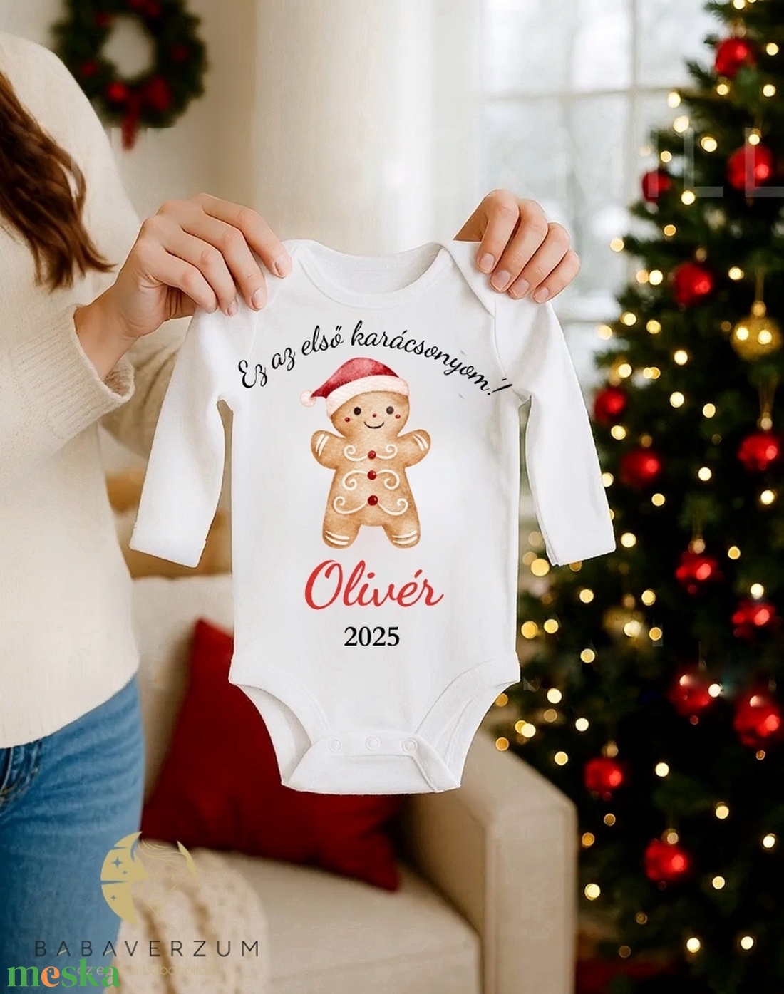 Névre szóló, első karácsonyos body, mézeskalács mintával - ruha & divat - babaruha & gyerekruha - body - Meska.hu