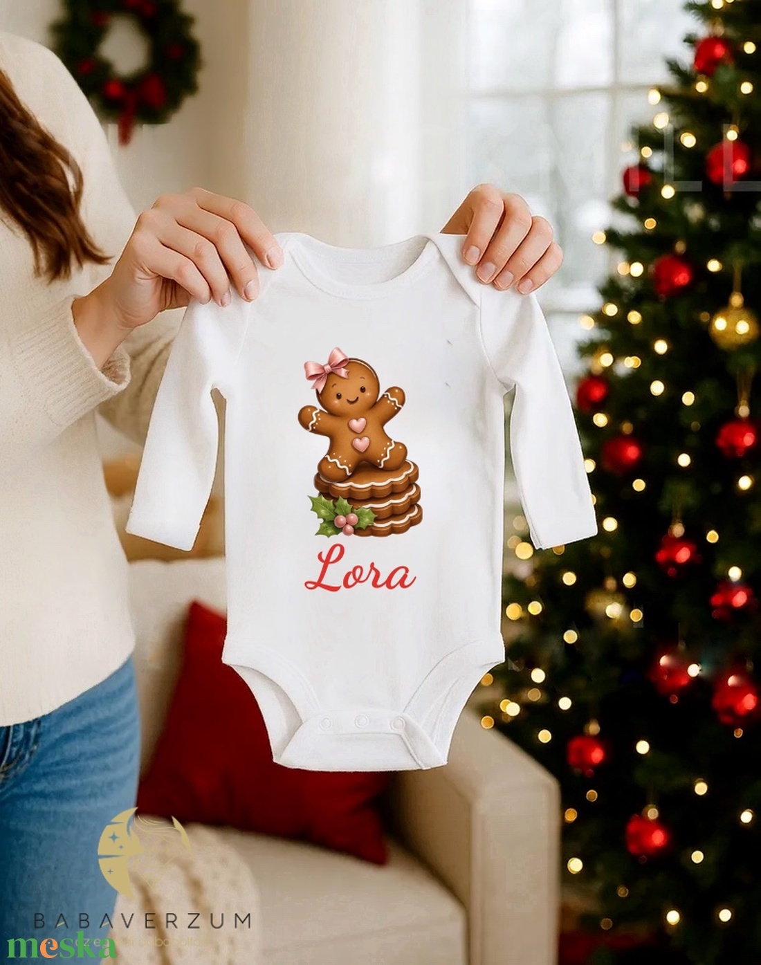 Névre szóló, karácsonyos body, mézi mintával - baba - mama - babaruházat - baba body - Meska.hu