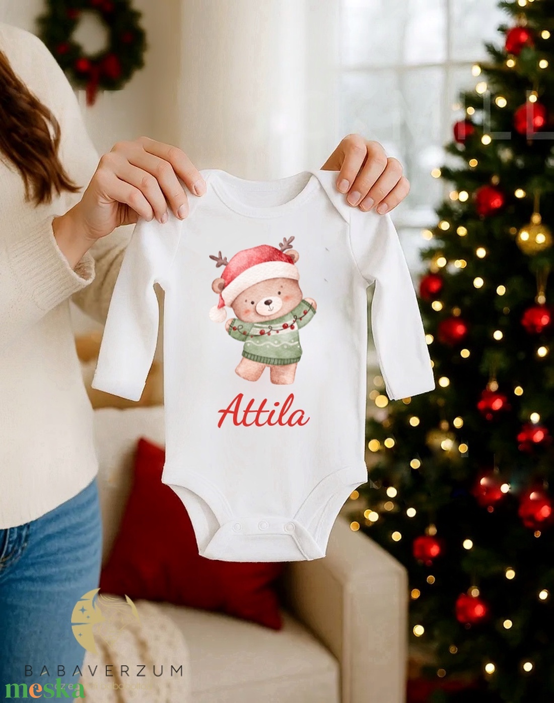 Névre szóló, karácsonyos body, maci mintával - ruha & divat - babaruha & gyerekruha - body - Meska.hu