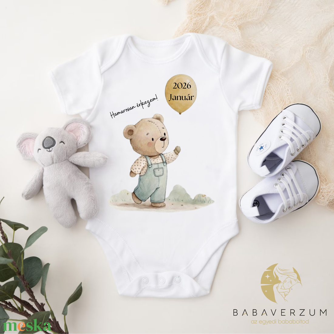 Bababejelentő macis body, dátummal - baba - mama - babaruházat - baba body - Meska.hu