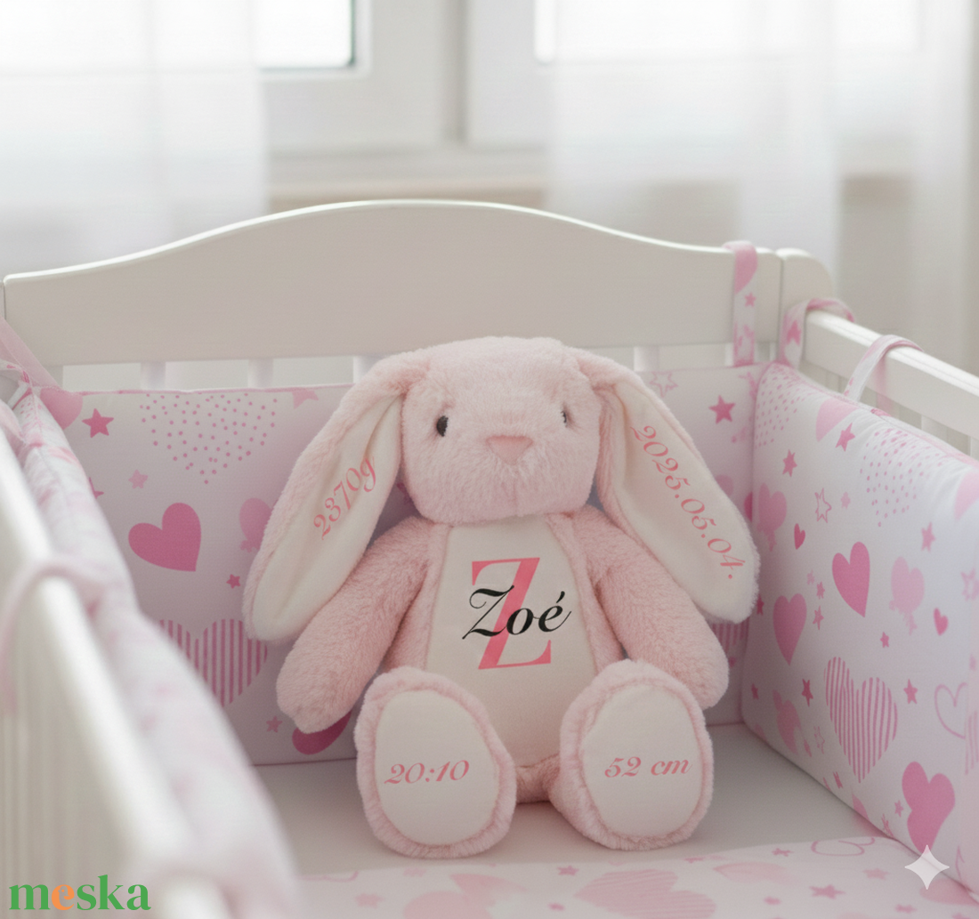 Egyedi, névre szóló, születési adatos rózsaszín nyuszi plüss - emlékőrző - játék & sport - plüssállat & játékfigura - nyuszi - Meska.hu