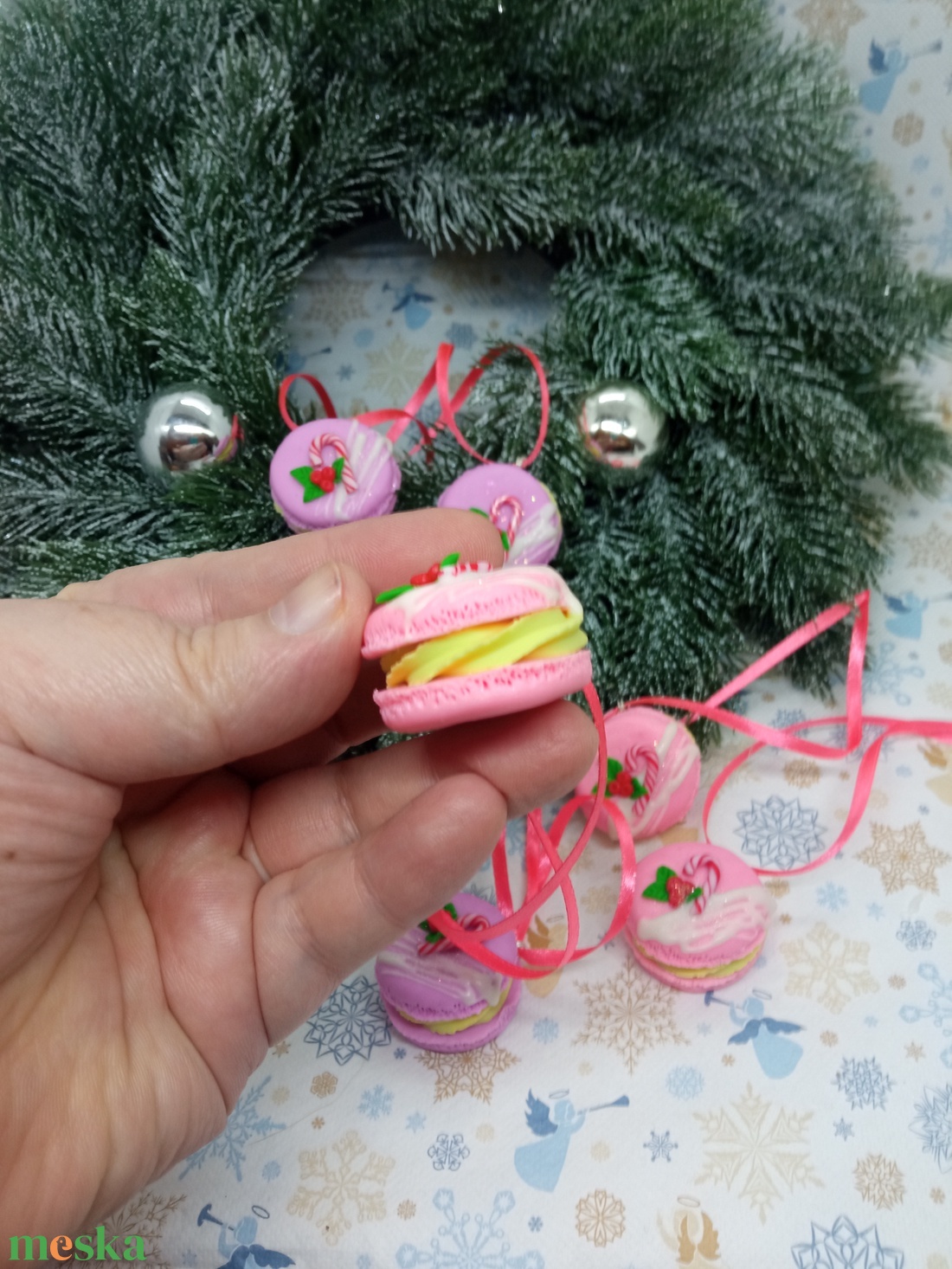 Rózsaszín vaníliás Macaron Karácsonyfadísz szett ,gyermekbarát karácsonyfadísz, karácsonyi dekor  - karácsony - karácsonyi lakásdekoráció - karácsonyfadíszek - Meska.hu