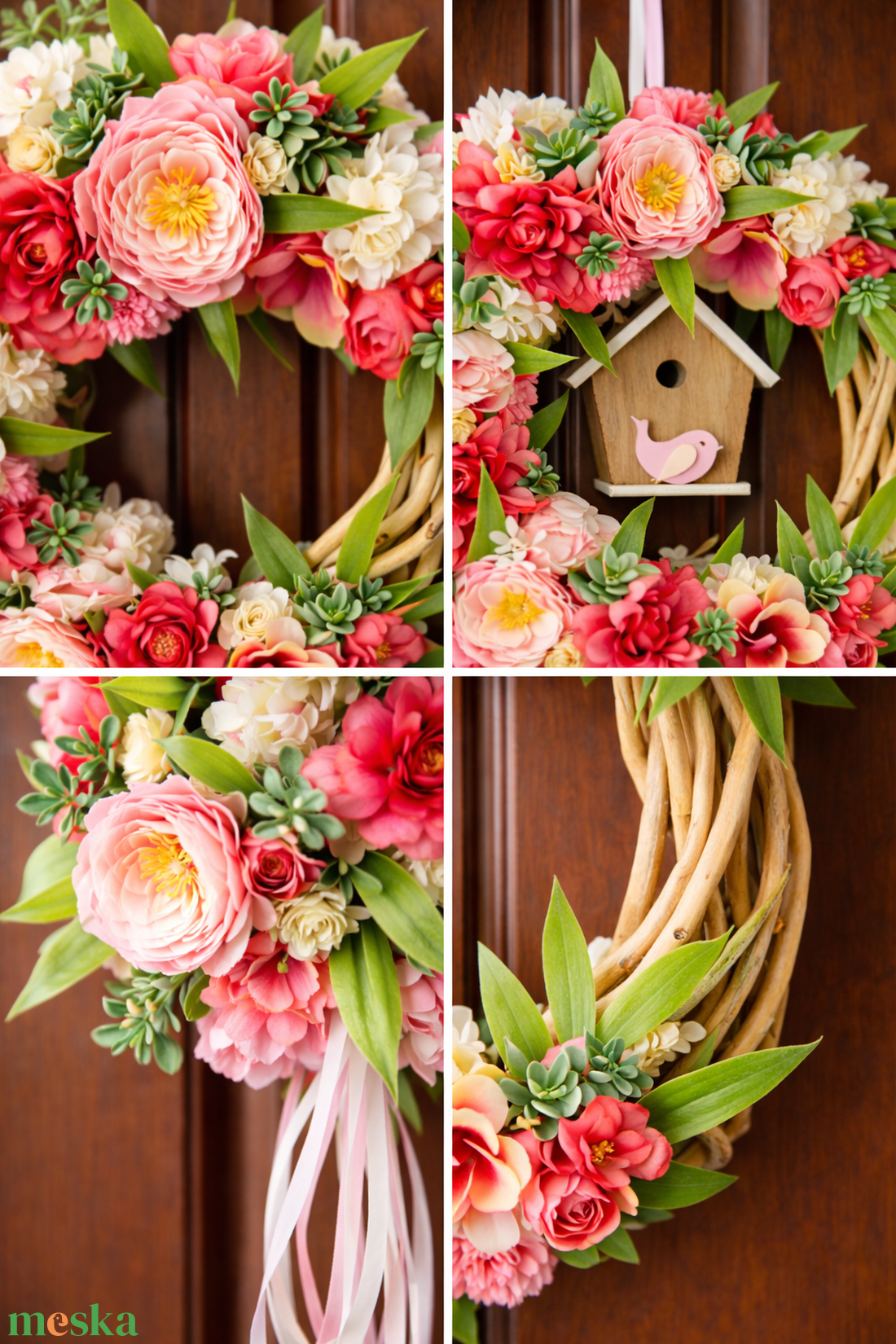 Tavaszi virágkoszorú madárházzal � ajtódísz (26 cm)  - otthon & életmód - dekoráció - ajtó- és ablak dekoráció - ajtódísz & kopogtató - Meska.hu