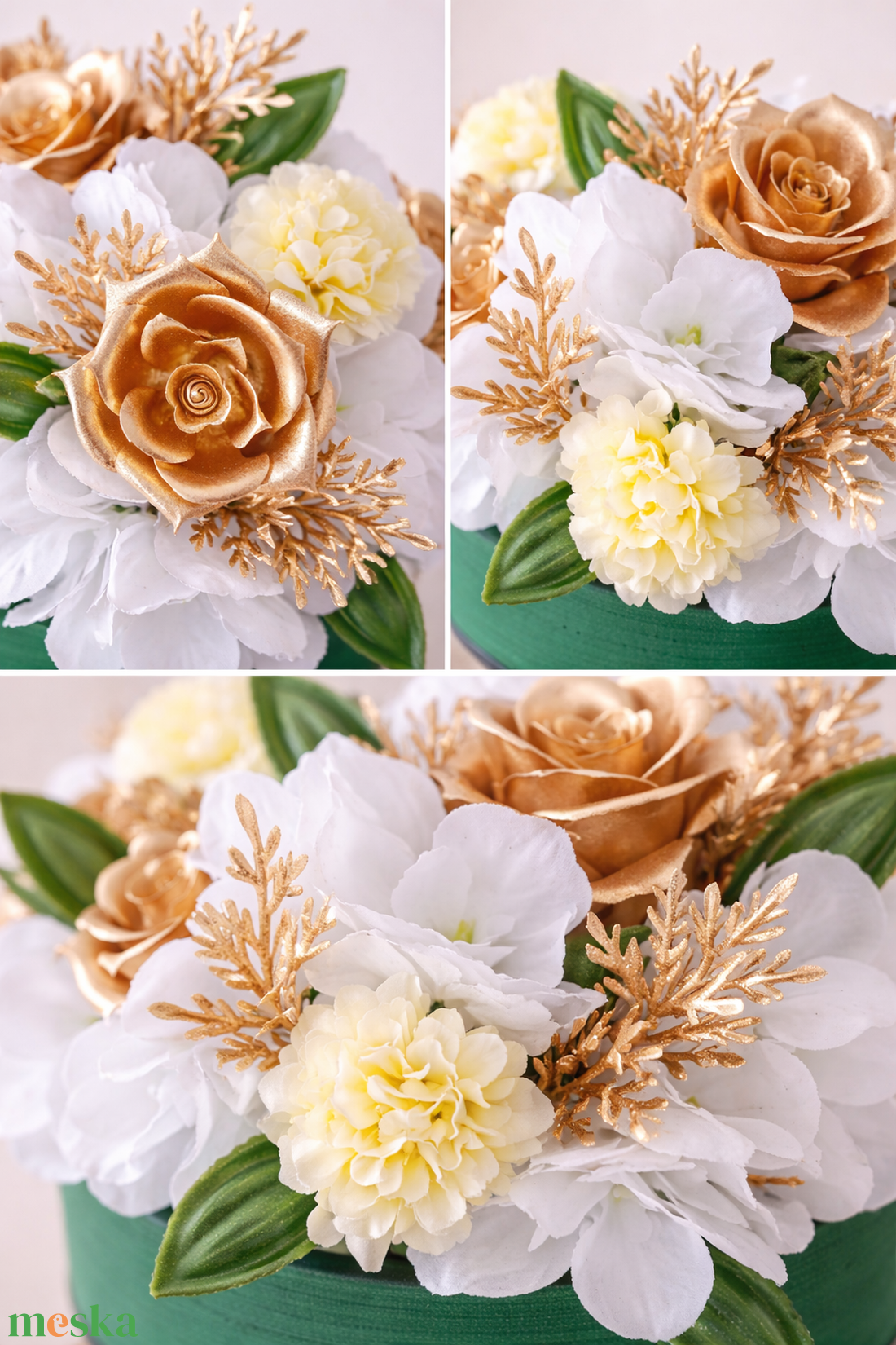 Elegáns arany-fehér virágbox dísz  - otthon & életmód - dekoráció - asztal és polc dekoráció - asztaldísz - Meska.hu