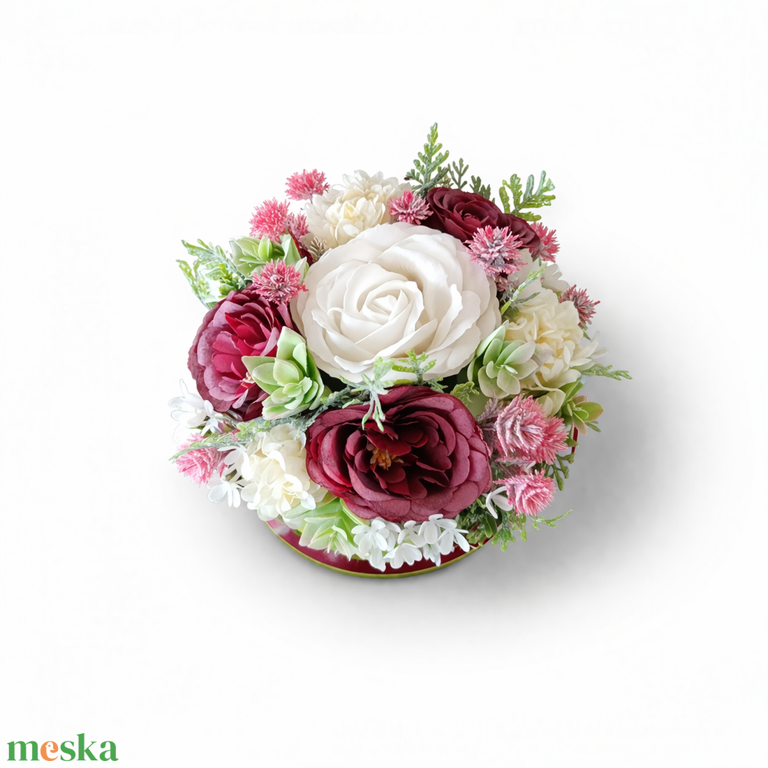 Bordó rózsás asztaldísz zöld dobozban - otthon & életmód - dekoráció - asztal és polc dekoráció - asztaldísz - Meska.hu