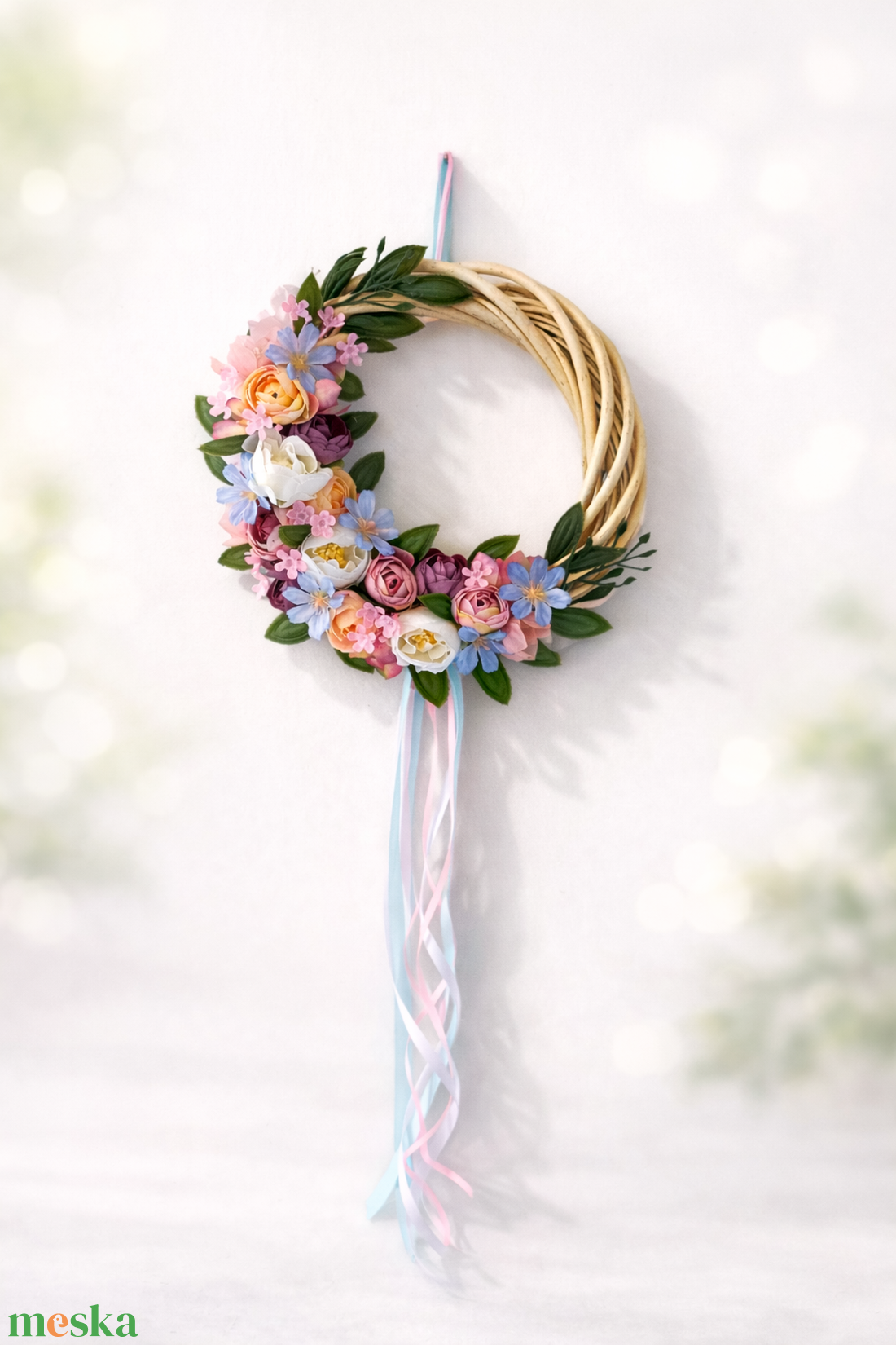 Tavaszi pasztell virágkoszorú � romantikus ajtódísz (22 cm) - otthon & életmód - dekoráció - ajtó- és ablak dekoráció - ablakdísz - Meska.hu
