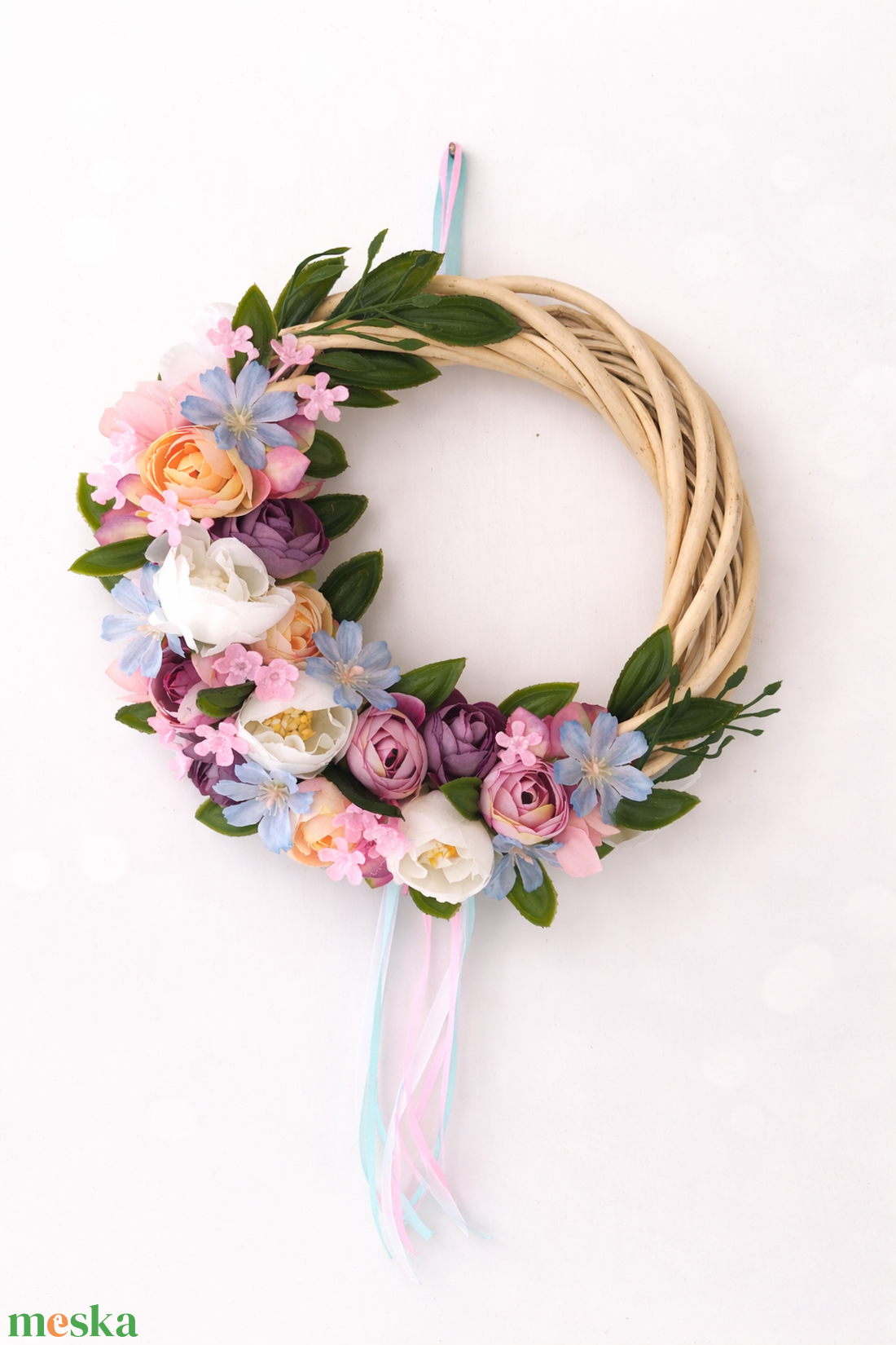 Tavaszi pasztell virágkoszorú � romantikus ajtódísz (22 cm) - otthon & életmód - dekoráció - ajtó- és ablak dekoráció - ablakdísz - Meska.hu