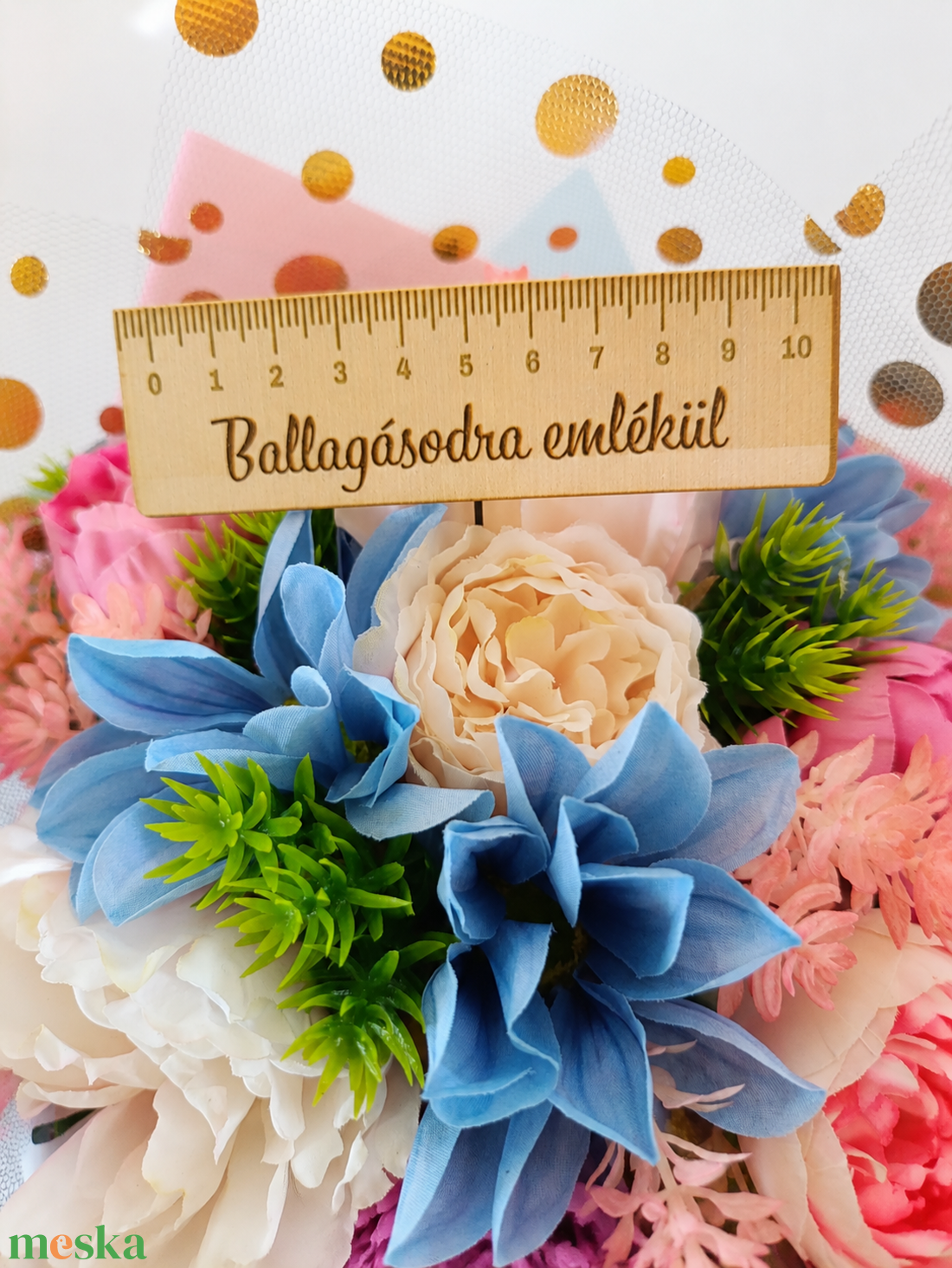 Ballagási virágcsokor emlékvonalzóval - otthon & életmód - dekoráció - asztal és polc dekoráció - asztaldísz - Meska.hu