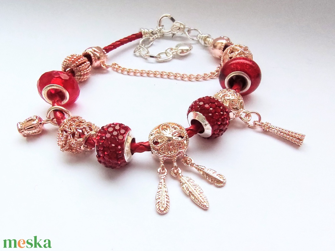 Szívecskés Rosé Gold Pandora stílusú karkötő álomfogó charmmal - ékszer - karkötő - charm karkötő - Meska.hu
