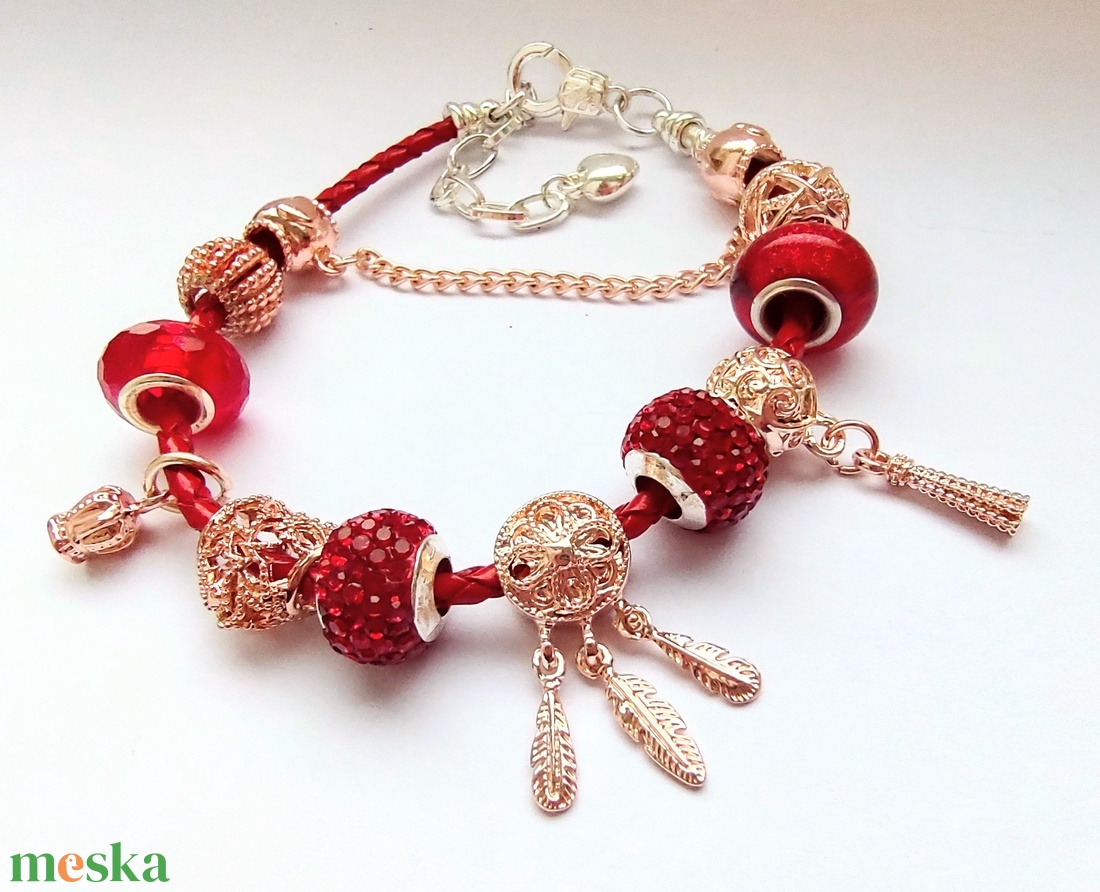 Szívecskés Rosé Gold Pandora stílusú karkötő álomfogó charmmal - ékszer - karkötő - charm karkötő - Meska.hu